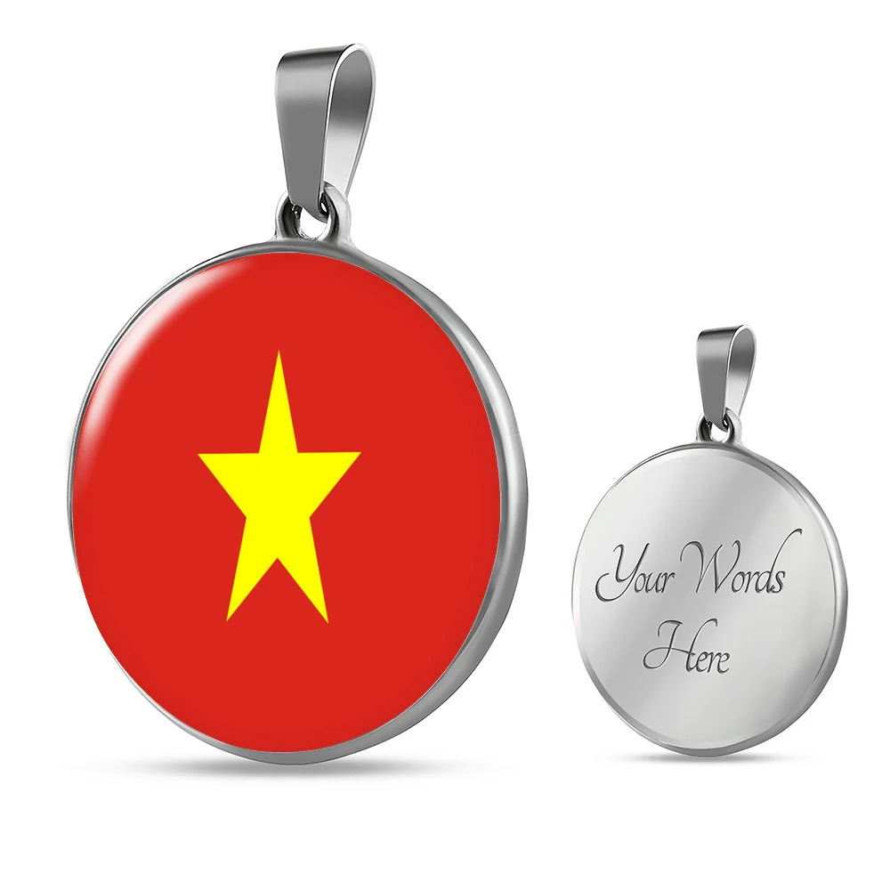 Vietnam Flag Circle Pendant Necklace Stainless Steel 24 Inch Chain Silver Tone